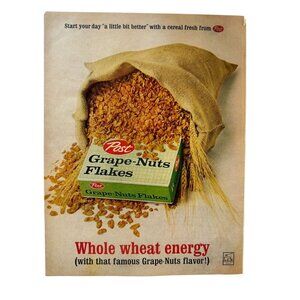 Vintage 1962 Post Grape Nuts Flakes Cereal Whole Wheat Energy Advertisement Prin
